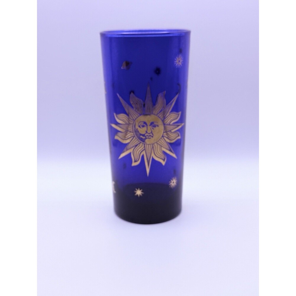 Culver Cobalt Blue Celestial Tumbler Glass Decorated Gold Sun Moon Stars